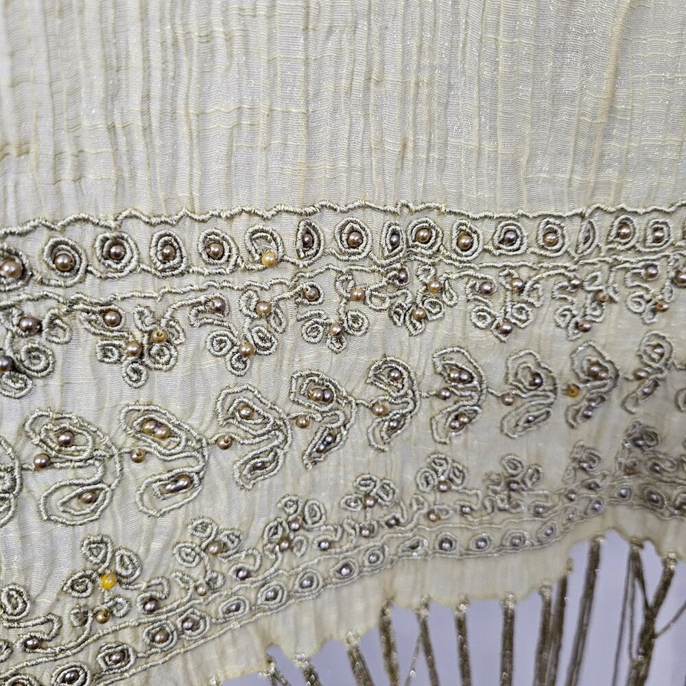 Green Boho Sheer Beaded Embroidered Shimmery Fringed Scarf - Picture 6 of 12